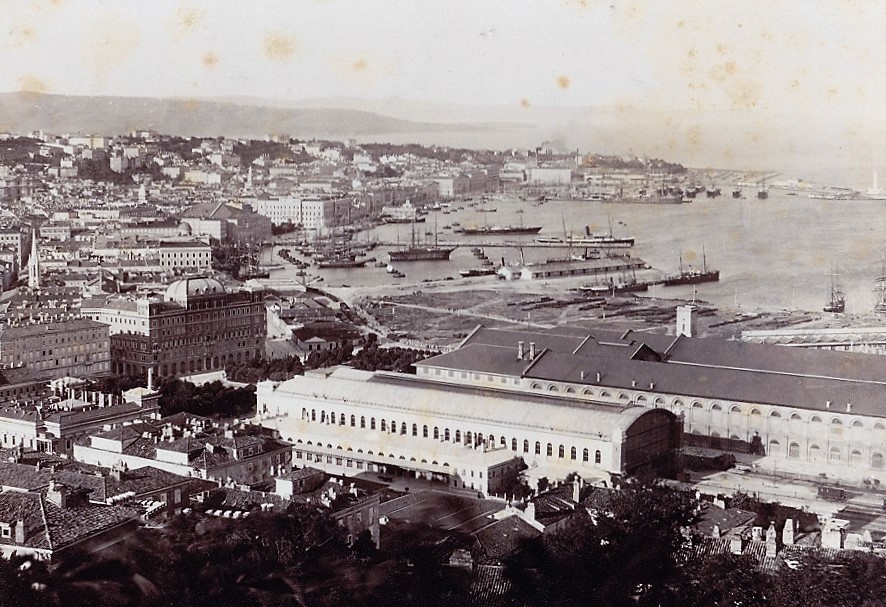 Triest mit Bahnhof und Hafen ca. 1880